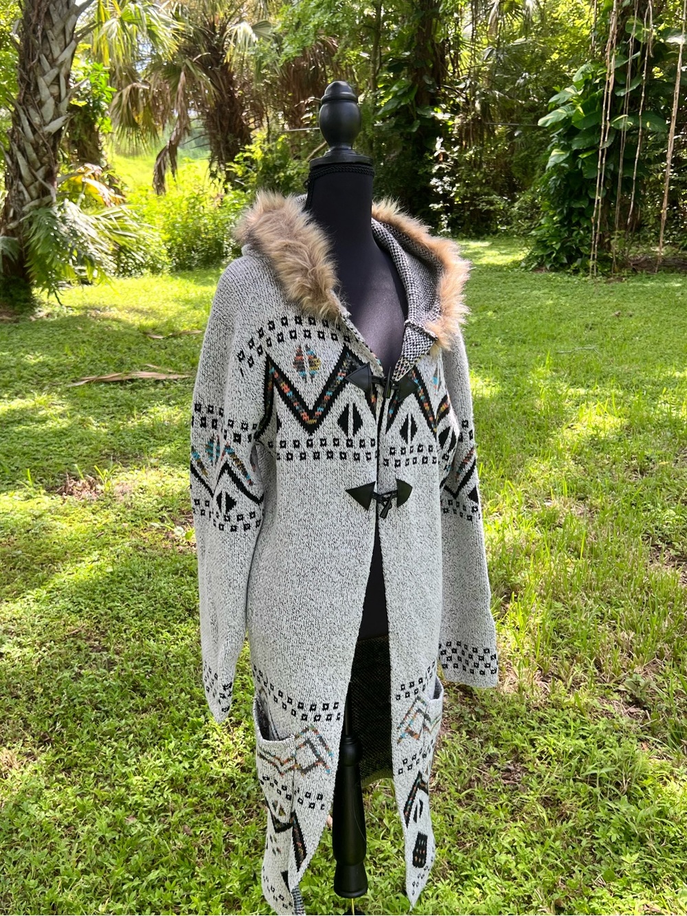 Northern Angel Aztec faux fur trim long cardigan